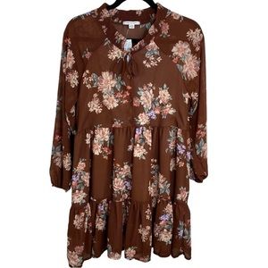 American Eagle Made in Italy Collection Brown Floral Babydoll Ruffle Dress Shear